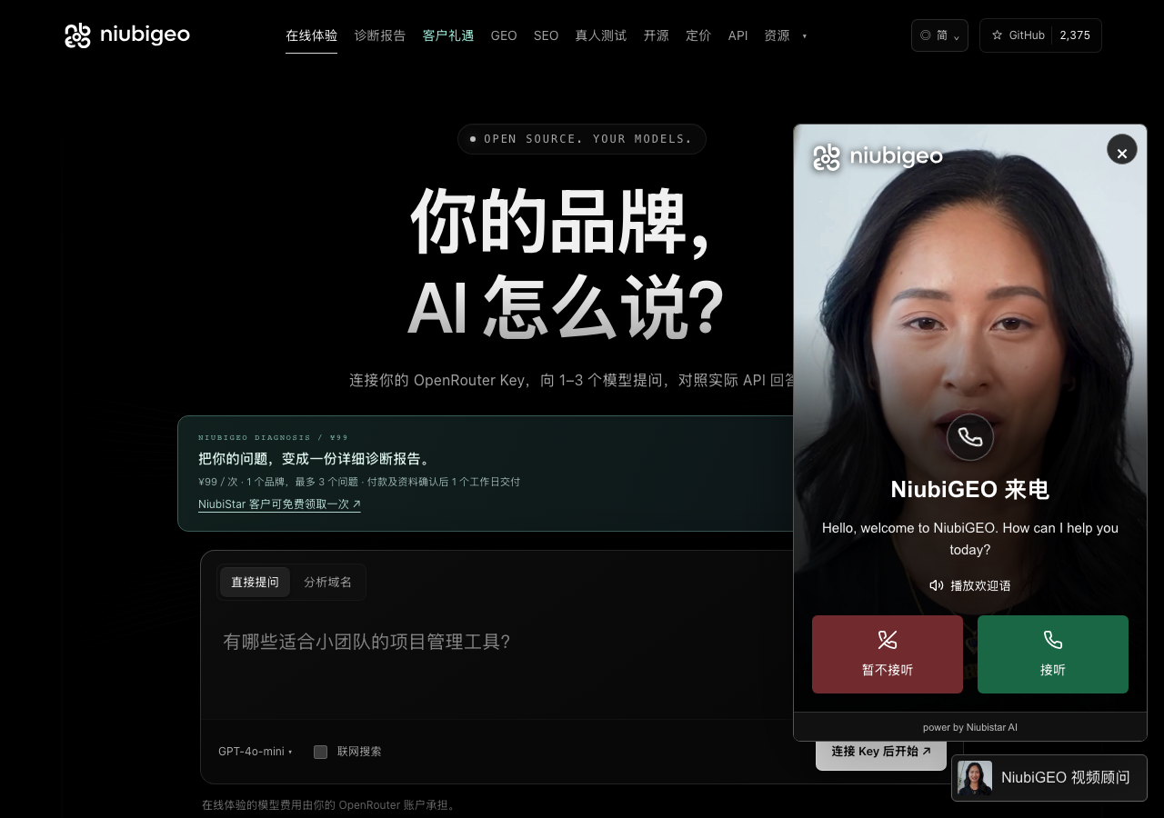 NiubiGEO 官网与右侧品牌专属来电窗口,包含接听、暂不接听和英文欢迎语